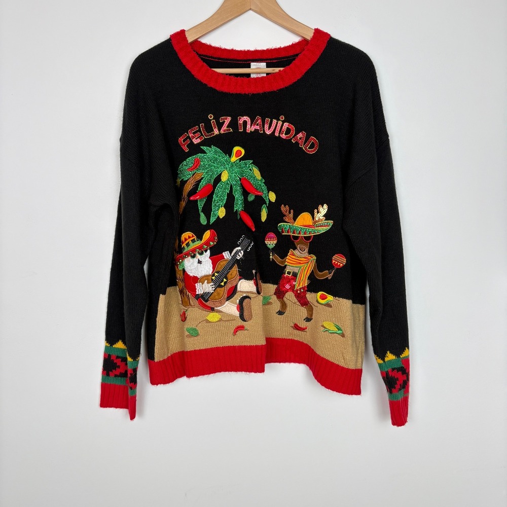 Holiday Time Women Feliz Navidad Santa Reindeer Ugly Christmas Sweater L Black